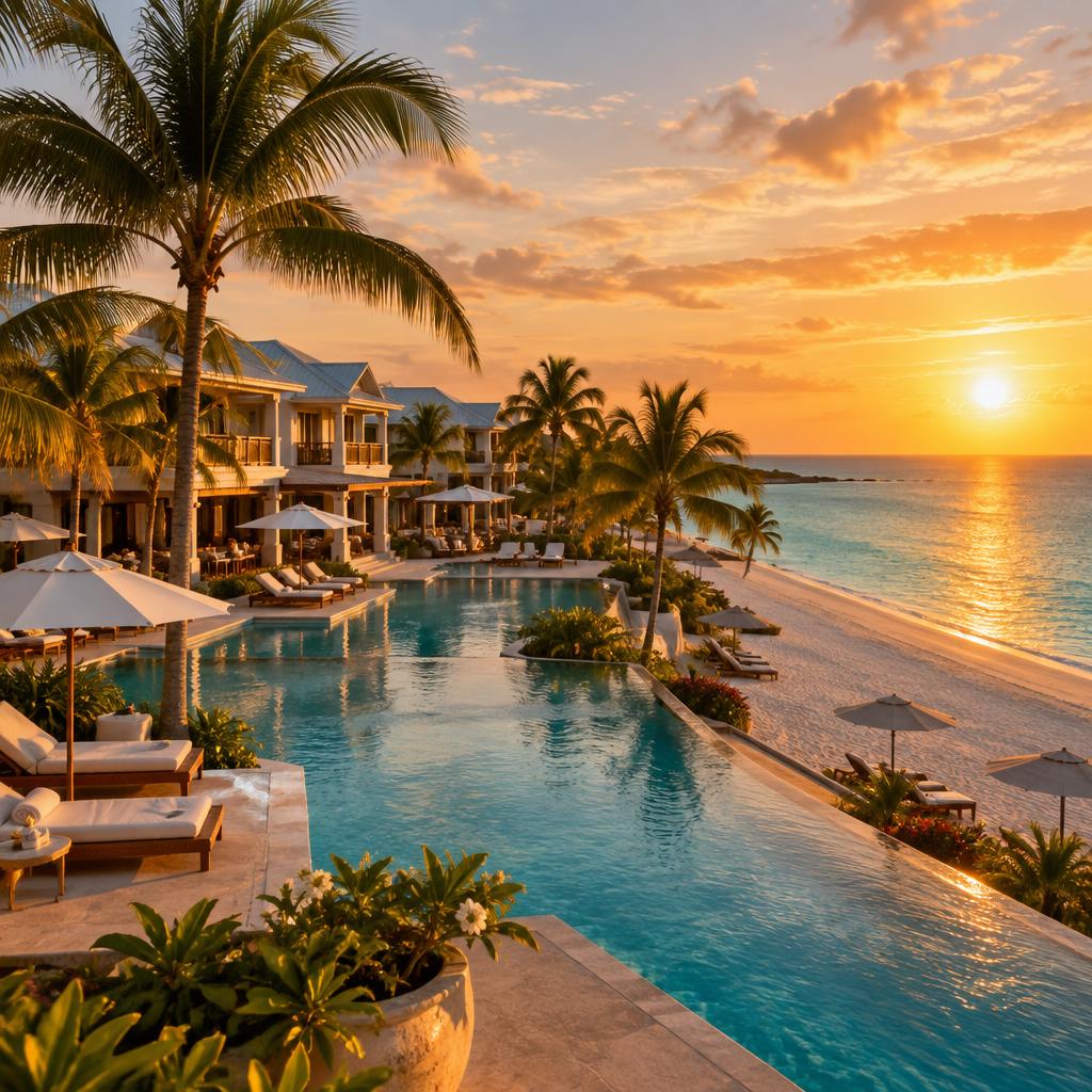Beachfront all-inclusive resort with turquoise water at golden hour